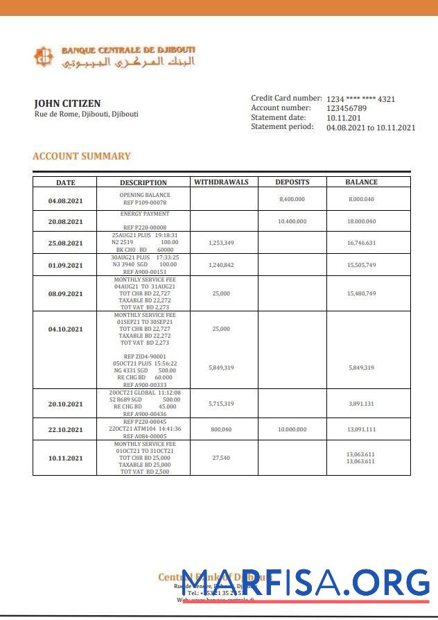 Printable Djibouti Central Bank of Djibouti bank statement word template